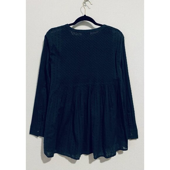 J Jill Top Womens Medium Navy Blue Pleated Swiss Dot Popover Cotton Cottagecore - Picture 4 of 8
